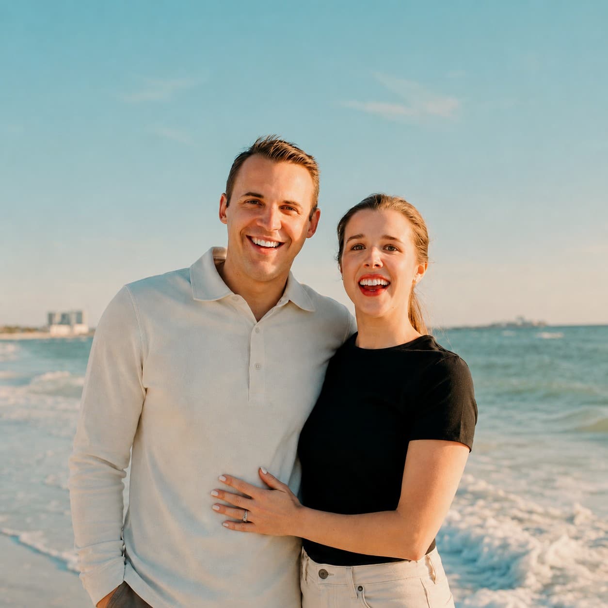 Suzie and James Marais on a sunlit beach