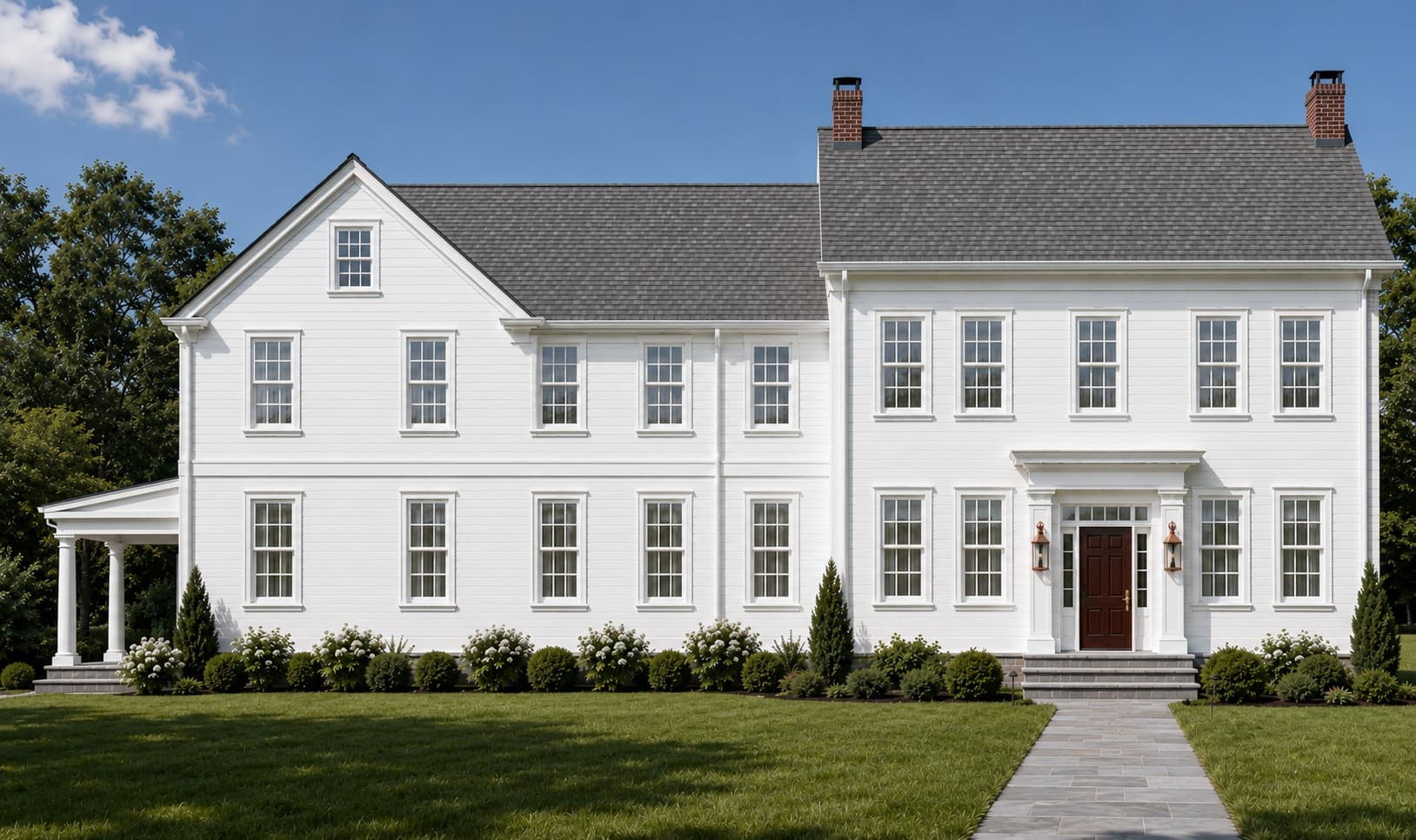McClain Project — the front elevation of a white clapboard Federal house with brick chimneys and a columned side porch